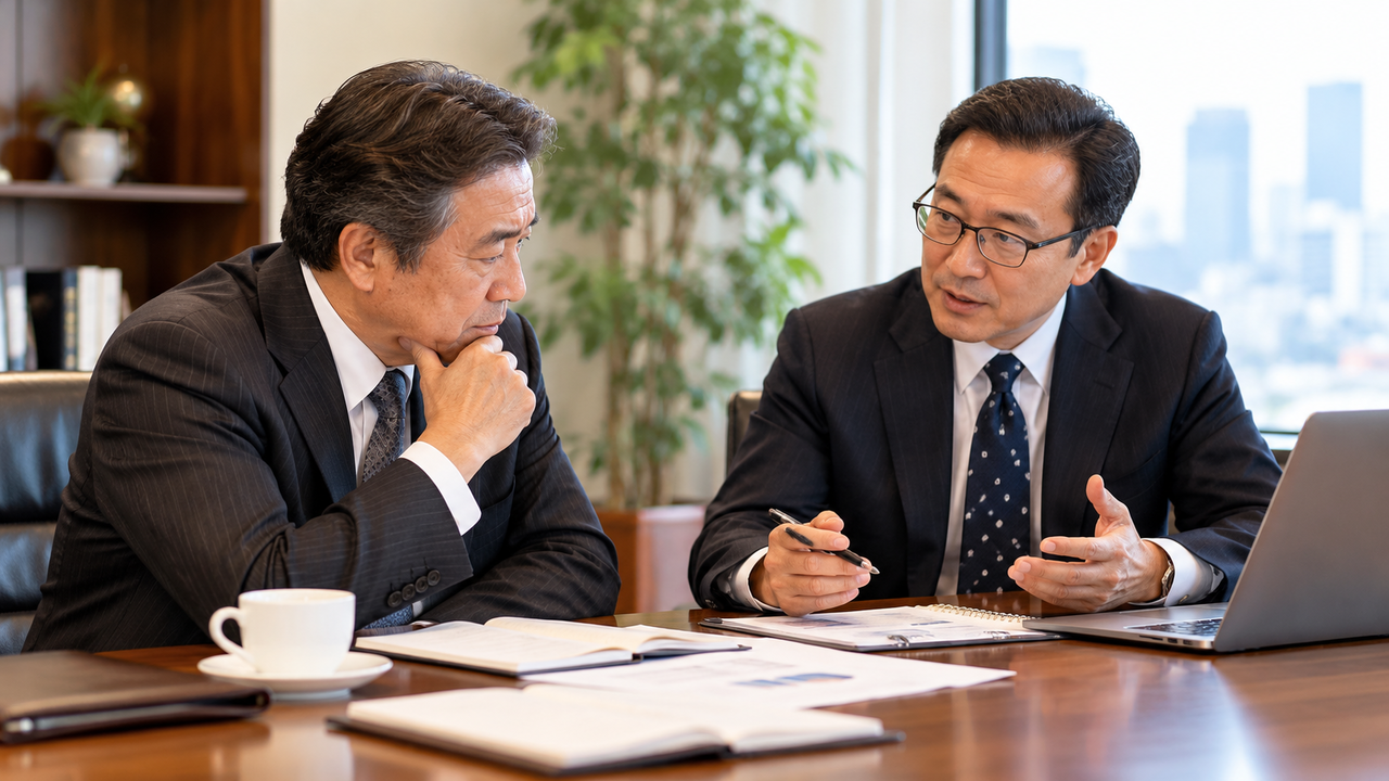 中小企業の社長が経営顧問と重要な経営判断について相談している様子