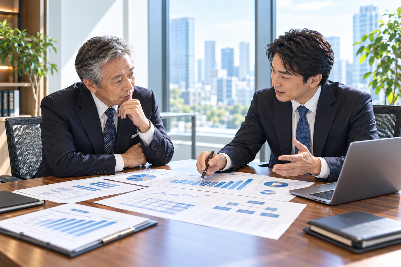 中小企業の社長と経営コンサルが財務資料を確認しながら今後の経営判断について話し合っている様子