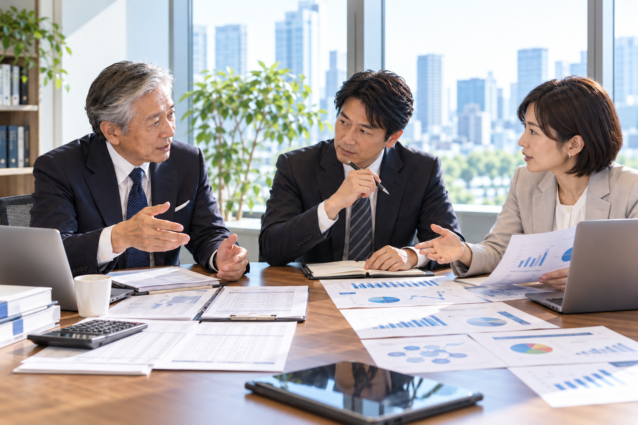 中小企業の社長と税理士と経営コンサルがそれぞれの専門分野について話し合っている様子