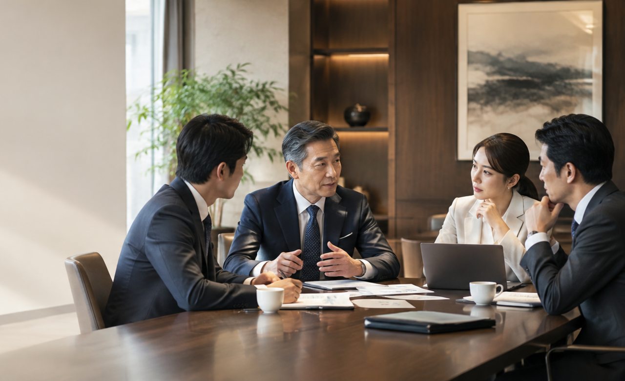 社長と幹部と経営顧問が改善策の実行について話し合う様子