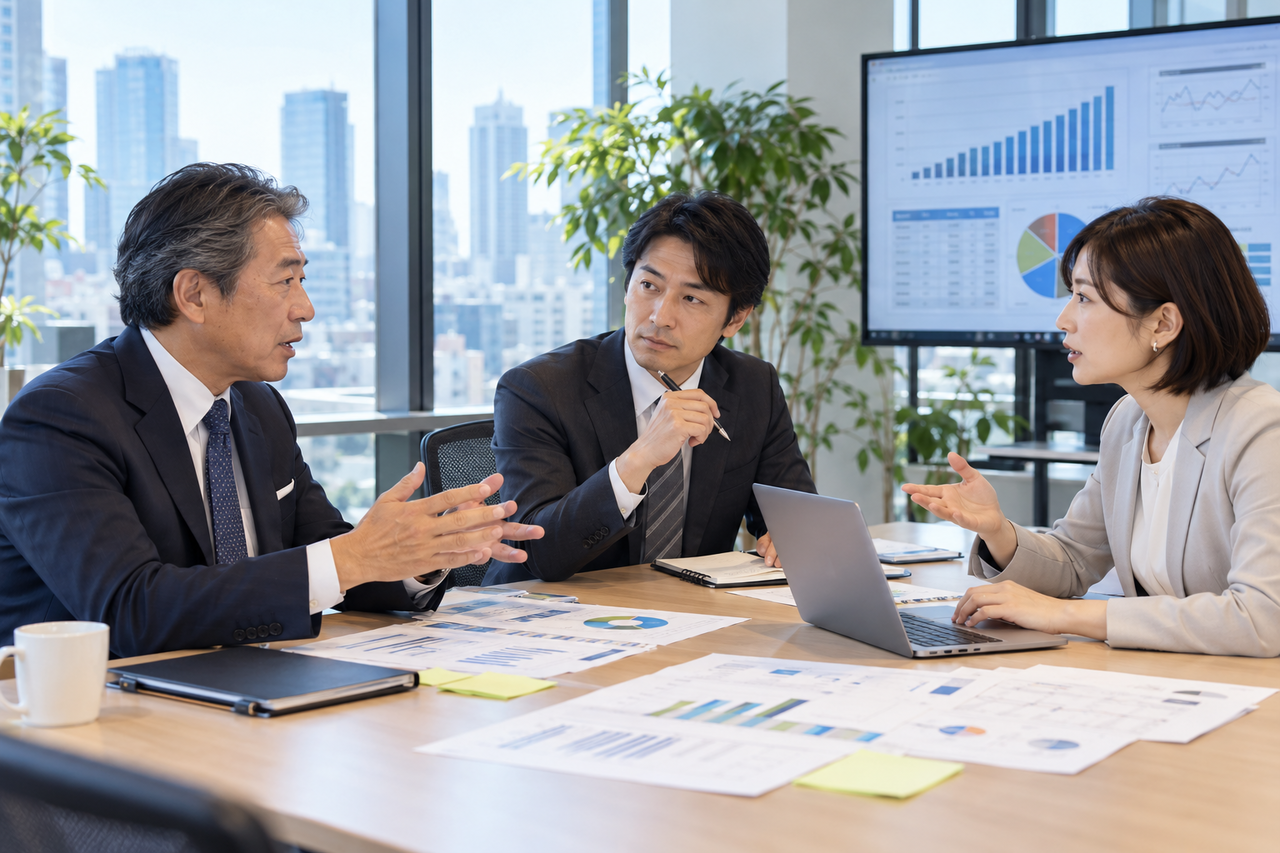 社長と幹部社員と経営顧問が経営改善の実行状況と次の課題を確認している様子