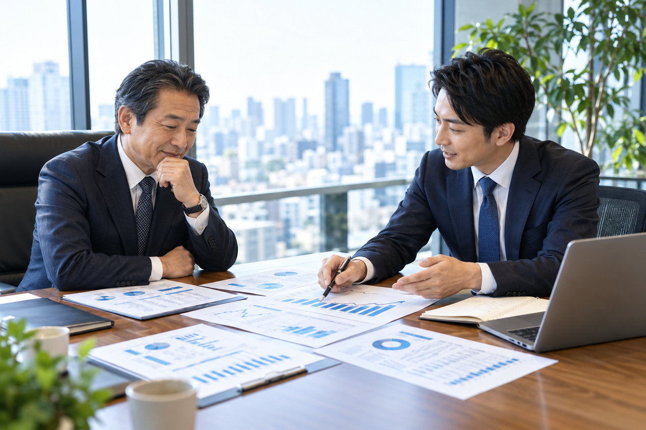中小企業の社長と経営顧問が経営改善の進捗と成果を確認している様子