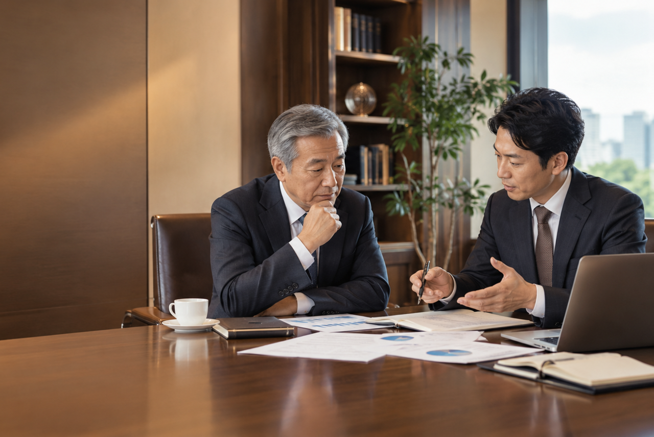 経営数字を確認しながら資金計画を検討する社長と経営顧問