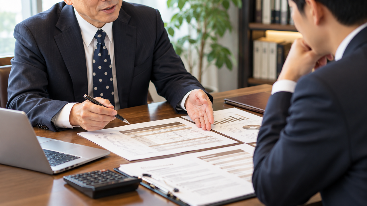 経営顧問が社長に支援内容と見積りについて説明している様子