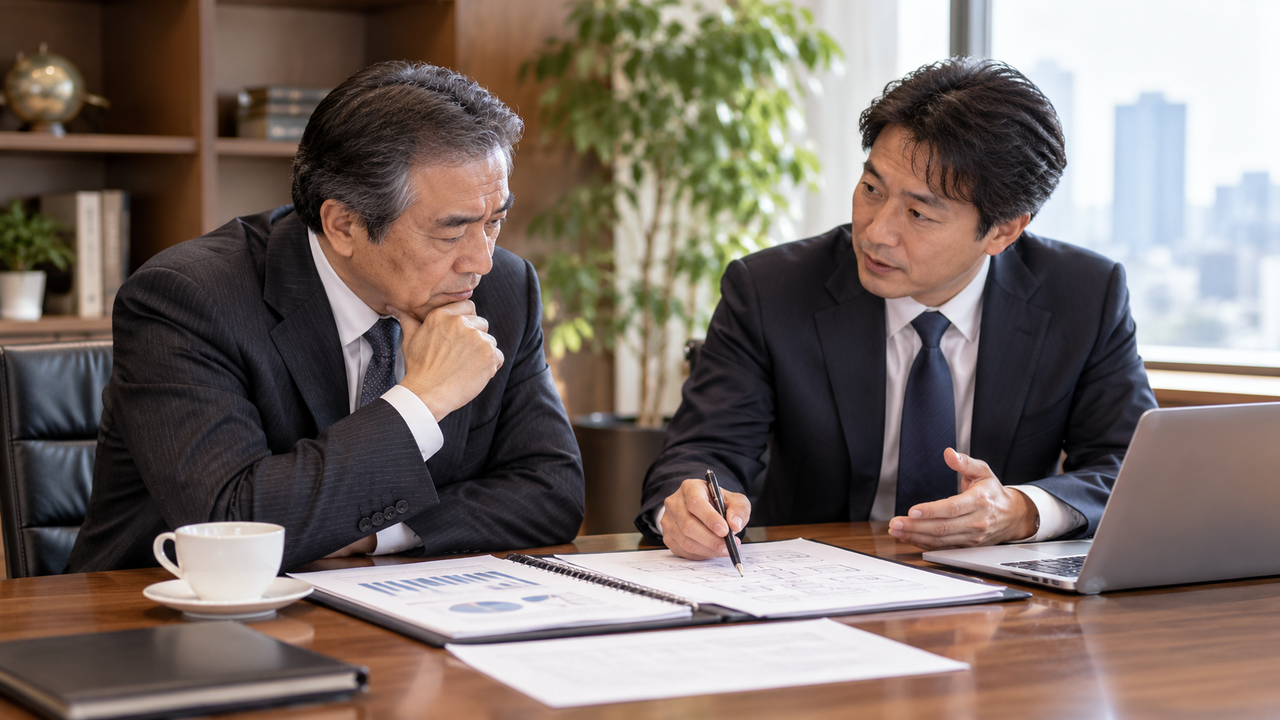 社長と経営顧問が資料を見ながら経営判断の選択肢を整理している様子
