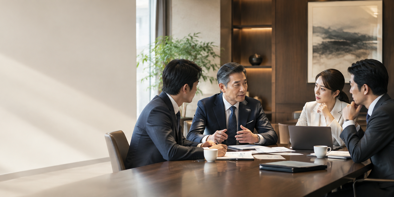 社長と幹部と経営顧問が改善策の実行について話し合う様子