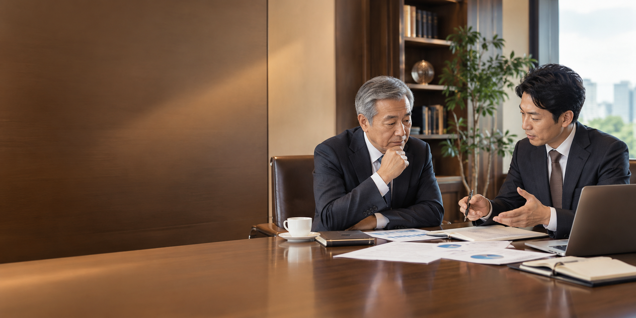 経営数字を確認しながら資金計画を検討する社長と経営顧問