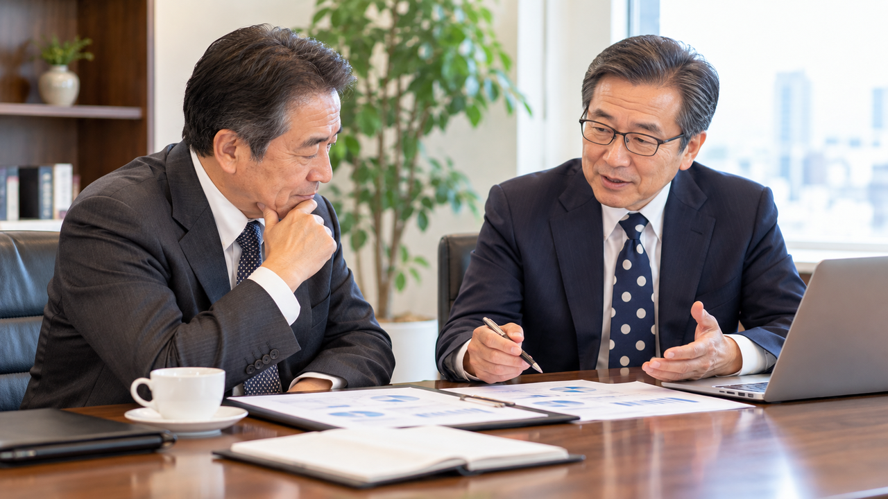 中小企業の社長と経営顧問が顧問料金と支援内容を確認している様子